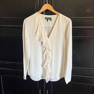 Theory Cream V-Neck Ruffle Blouse